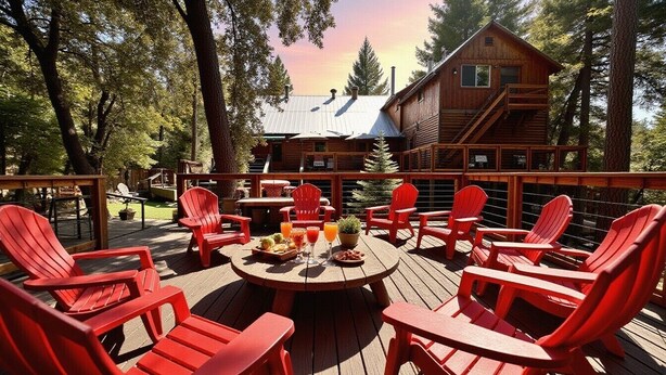 A wooden deck with red chairs and a table set for dining, overlooking a cabin with a metal roof.