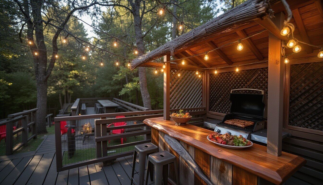 An outdoor barbecue area with a wooden grill, a wooden bar with stools, and string lights.