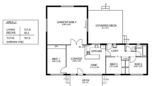 A floor plan with a living area of 121.8 m², a games/family room, a covered deck, a lounge, a kitchen, a dining area, and three bedrooms. - Middleton Halleedays - Beach getaway (Middleton)