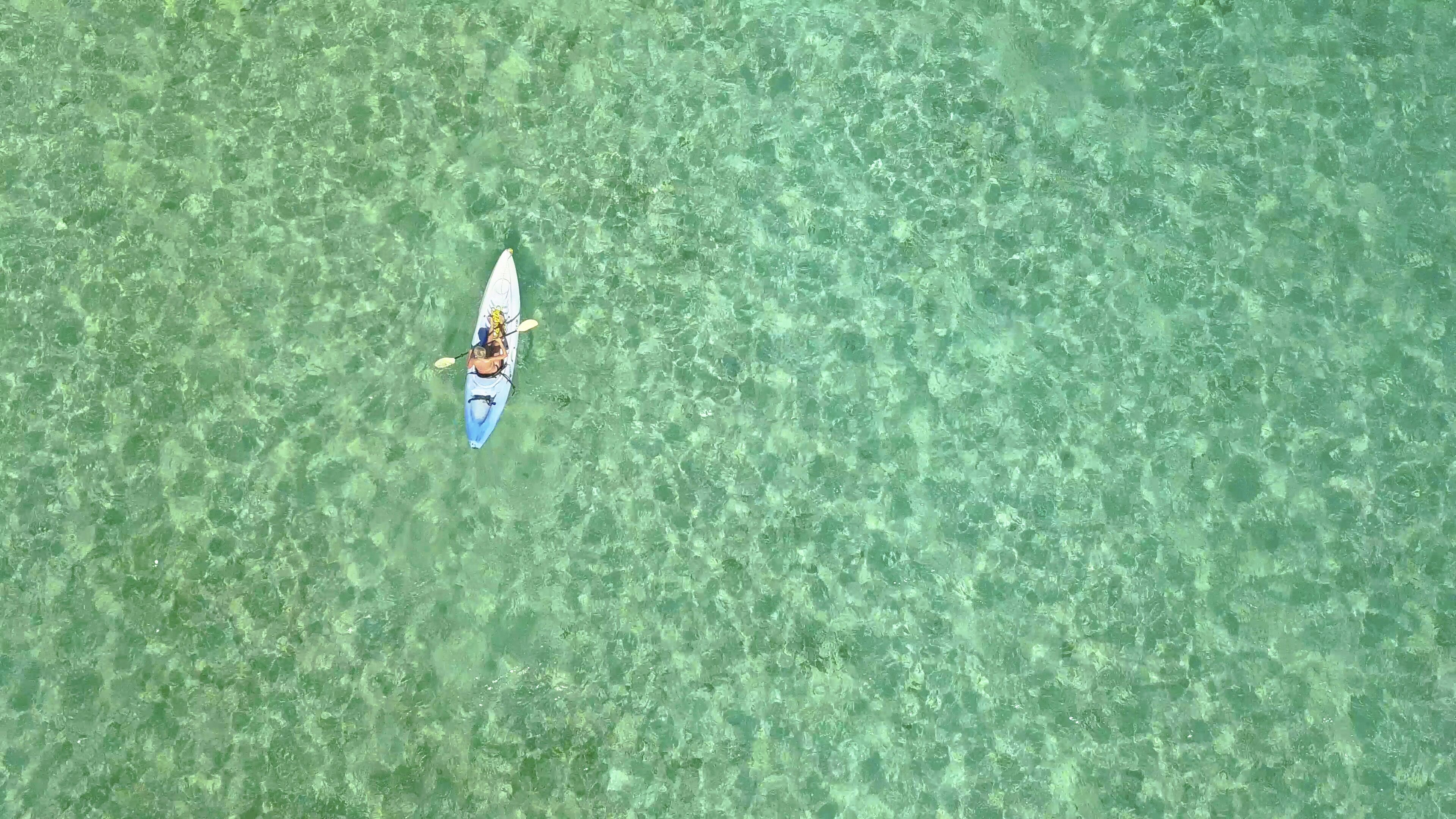A clear view of a kayak on a calm body of water.