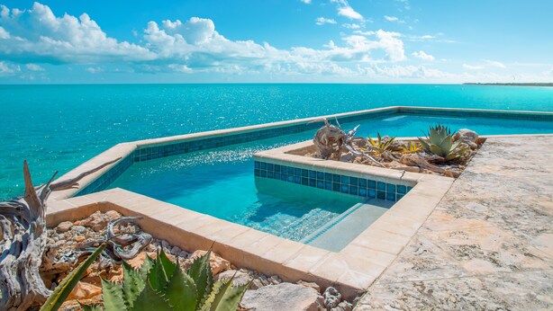 Une piscine avec vue sur l’océan, entourée de rochers et de plantes.