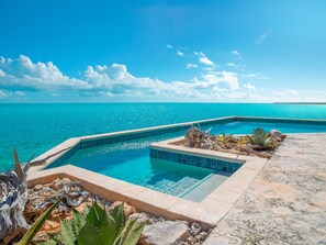 A swimming pool with a view of the ocean, surrounded by rocks and plants.