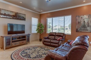 Smart TV, DVD player, books, video library