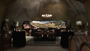 Une cave à vin rustique, dotée d’un grand écran de télévision qui diffuse des images d’un vignoble, ainsi que de barriques en bois et d’un lustre.
