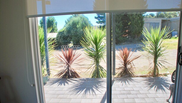 A view through a glass door of a patio area with potted plants and a paved walkway. - Back Valley Farmstay Bed and Breakfast (Back Valley)