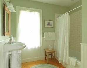 Bañera con ducha, secador de pelo, toallas, jabón
