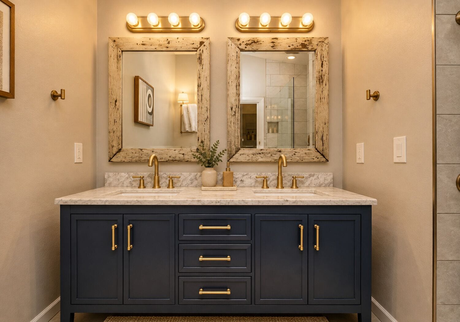 A bathroom with a double vanity, two sinks, and a large mirror with light fixtures above.