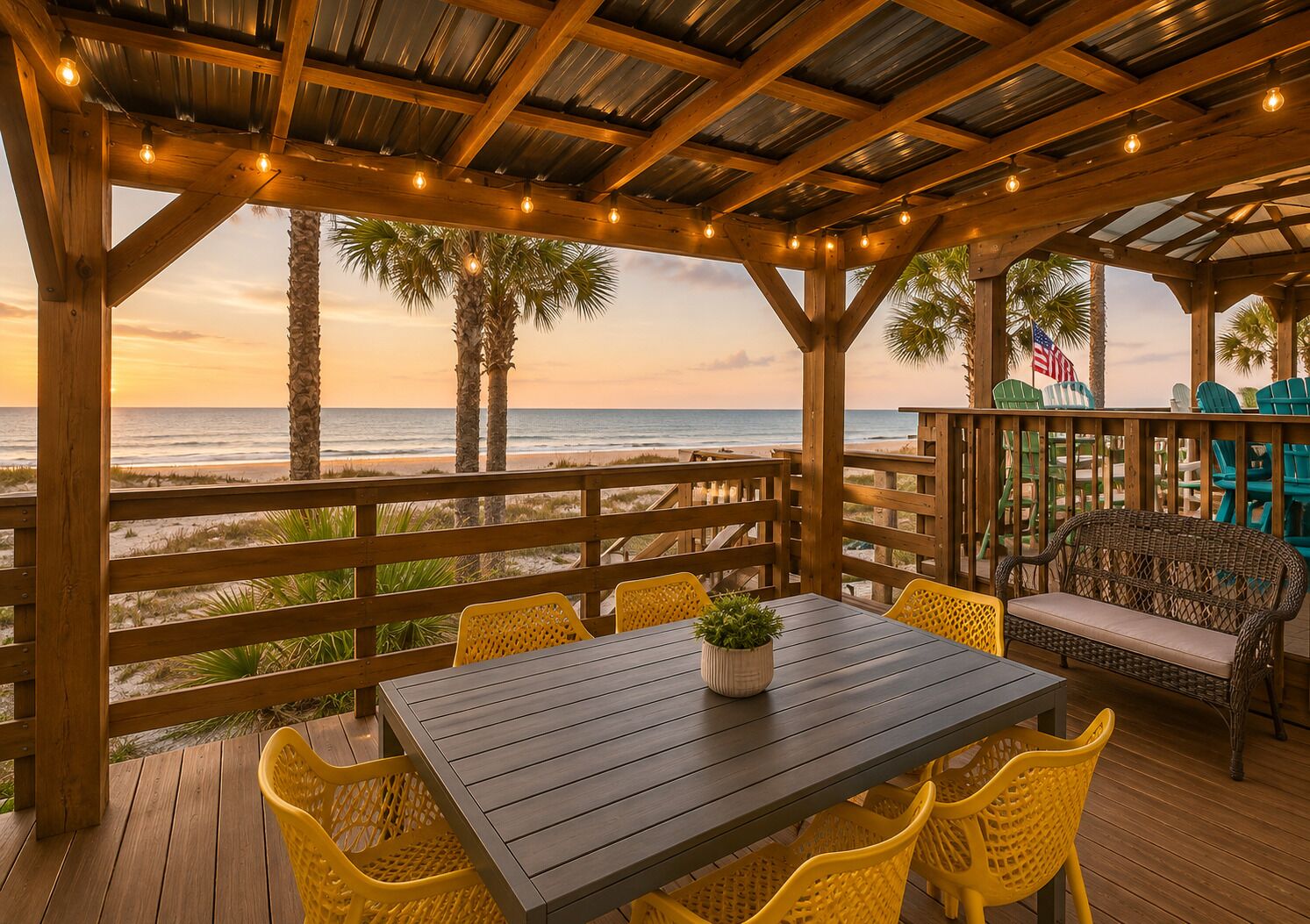 Een houten terras met tafel en stoelen, met uitzicht op een strand met palmbomen en een zonsondergang.