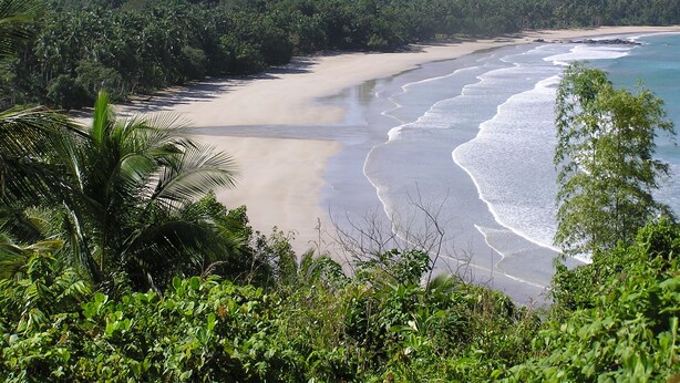Une plage aux eaux cristallines, bordée d’une végétation luxuriante et avec des montagnes en toile de fond.