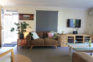 Smart TV, fireplace, books