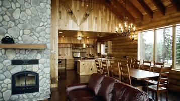 Smart TV, fireplace, books