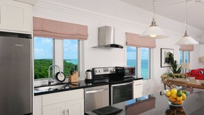 A modern kitchen with a large island, stainless steel appliances, and a view of the ocean. - Condo w/Views, Beach, Htd Pool, Pickleball, Golf Cart, Gym,Walk to Restaurant (Governors Harbour)
