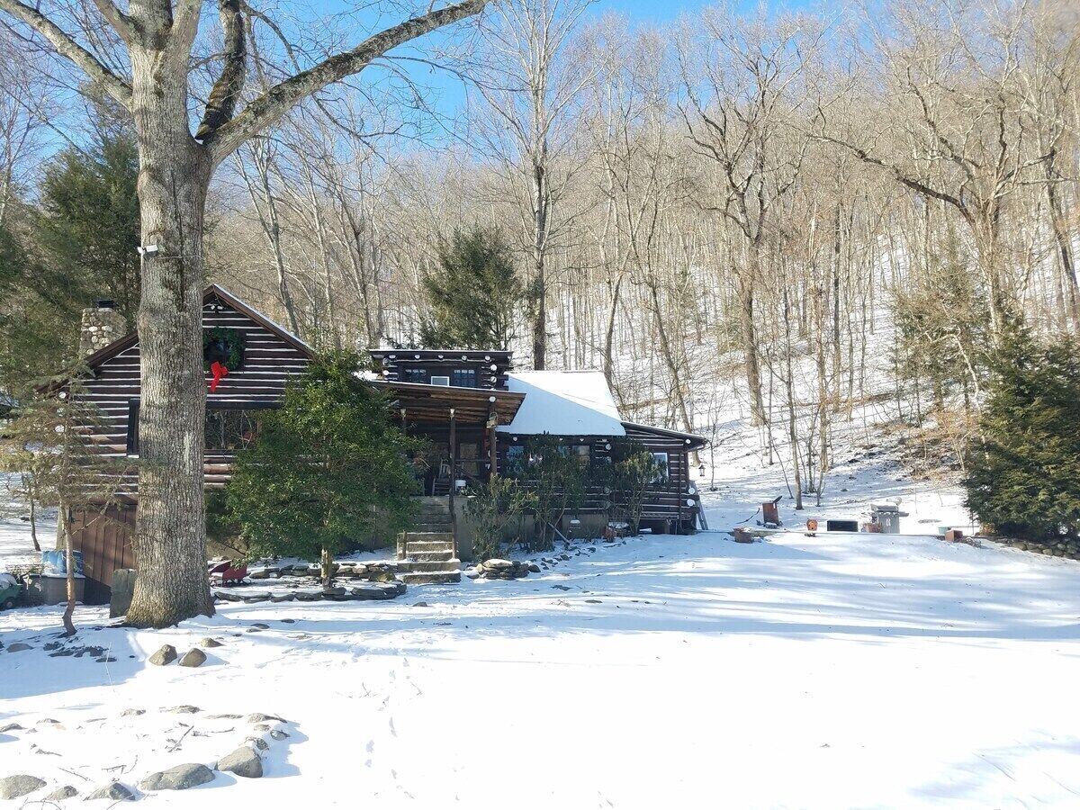Un chalet rustique, dont le toit est recouvert de neige, entouré d’arbres et s’intégrant dans un paysage hivernal.