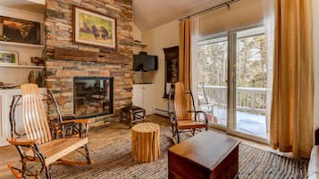Smart TV, chimenea, reproductor de DVD y libros
