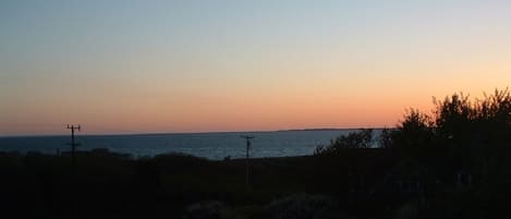 A sunset view with a body of water and vegetation in the foreground.