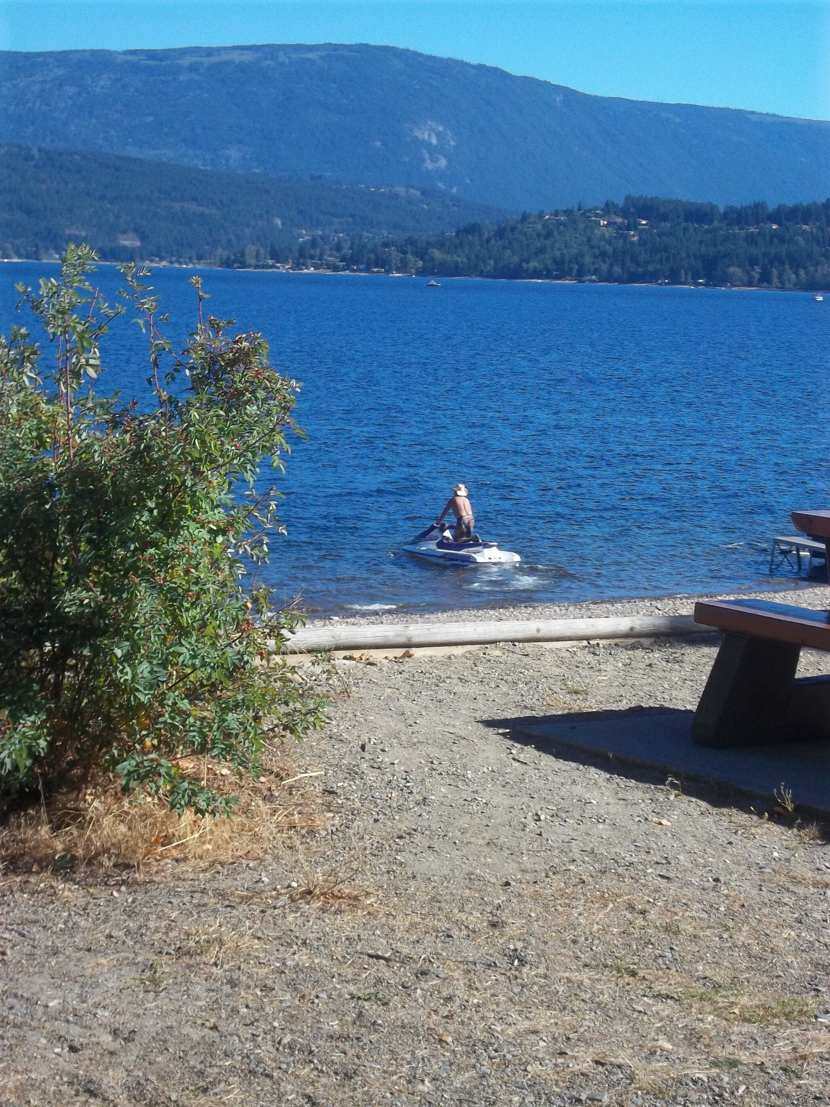 A lakeside view with a person on a jet ski, a picnic table, and a grassy area.