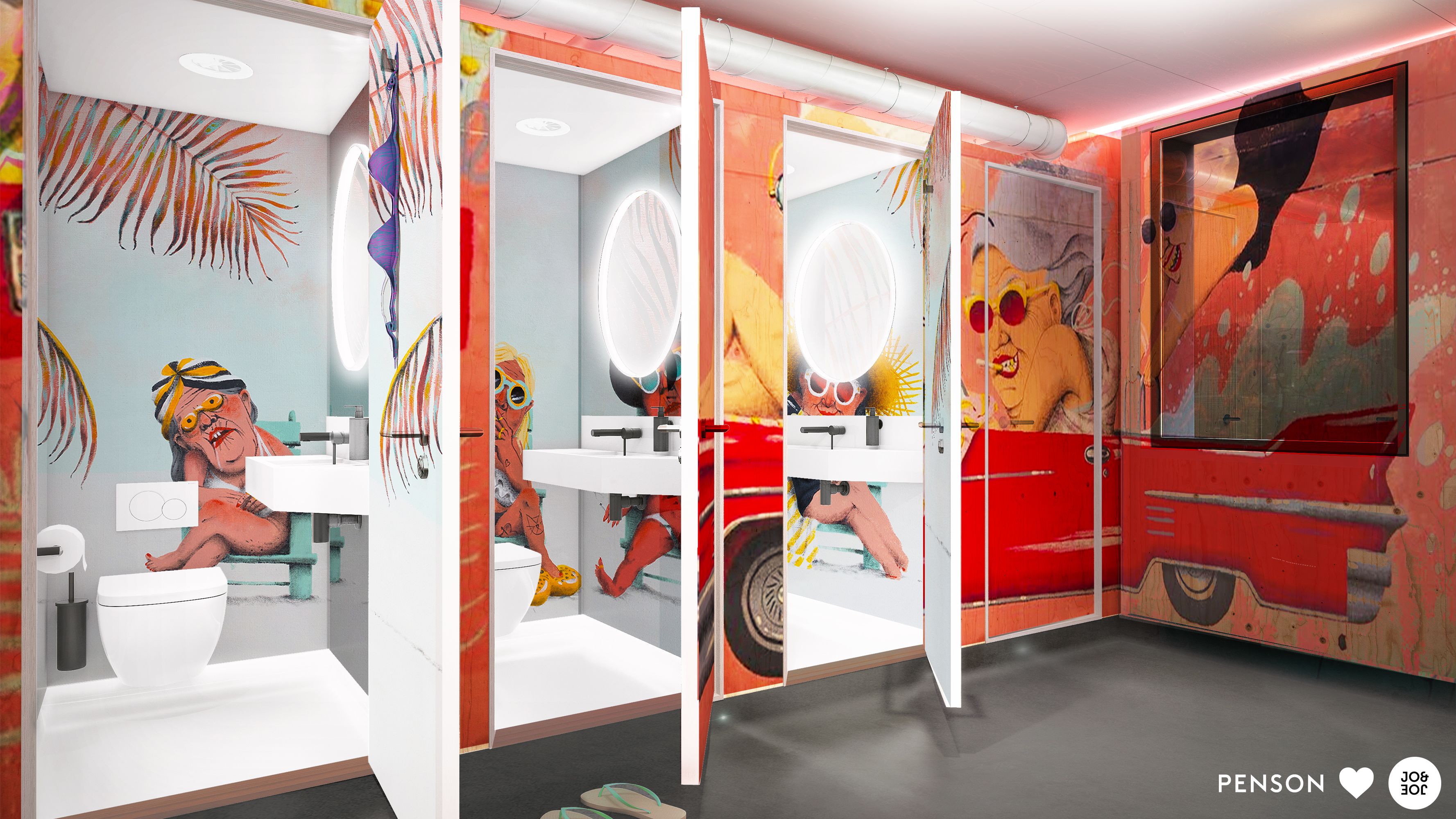 A bathroom with a mirror, toilet, and sink, featuring vibrant artwork and a red vehicle mural.
