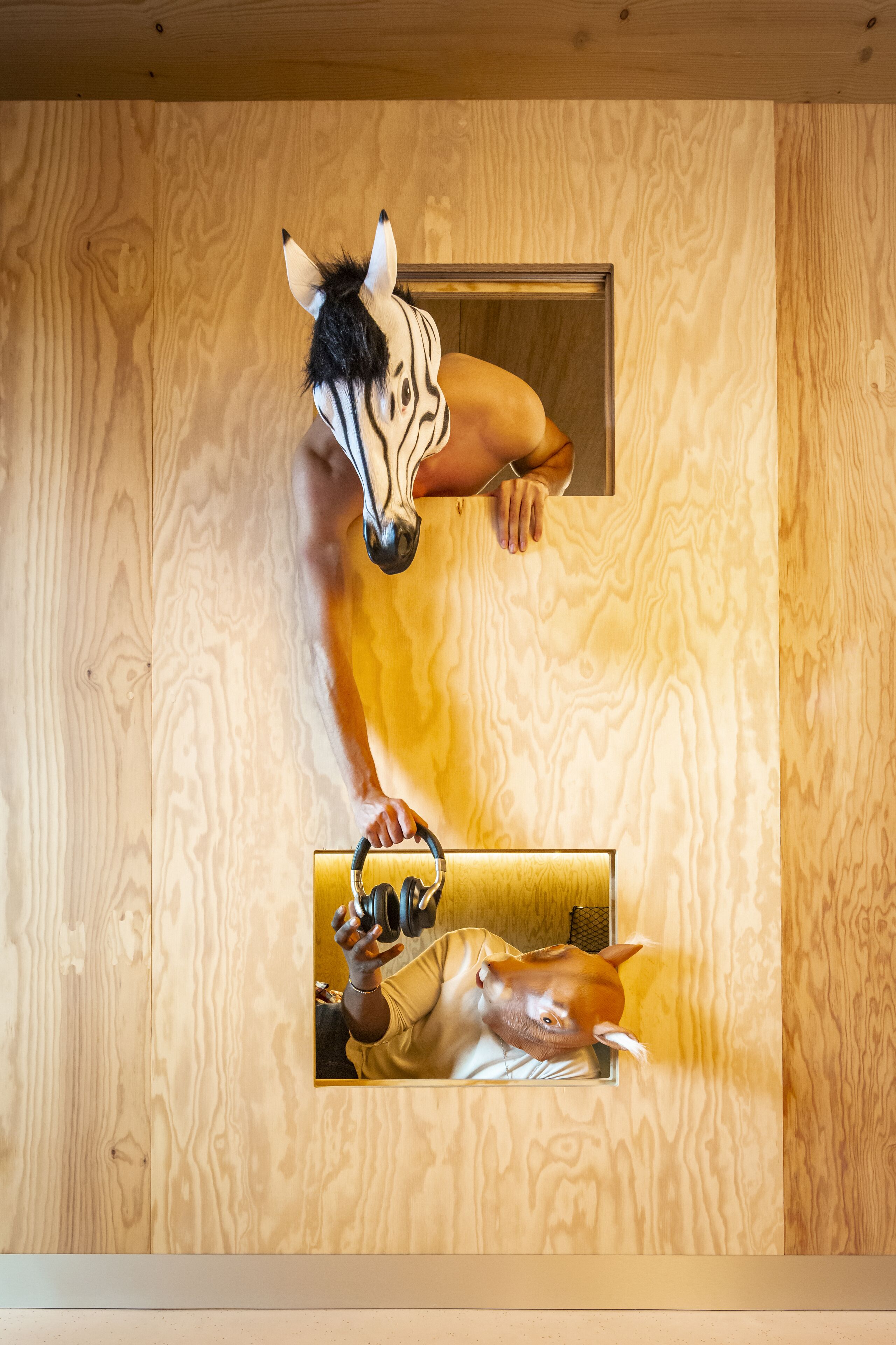 Un interior de madera con una escultura de cabeza de cebra y un espejo que refleja a una persona sosteniendo una cámara.
