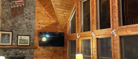 Smart TV, fireplace, video games, DVD player