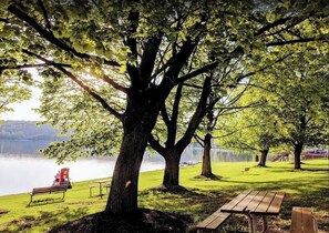 Ein Park mit einem See, Bänken und Picknicktischen.