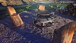 Feuerstelle mit Metallrost in einem Gartenbereich mit Holzscheiten und Stühlen.