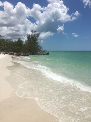A beach with clear turquoise water, white sand, and a line of trees in the background.