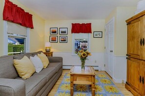 Smart TV, chimenea, libros y estéreo 