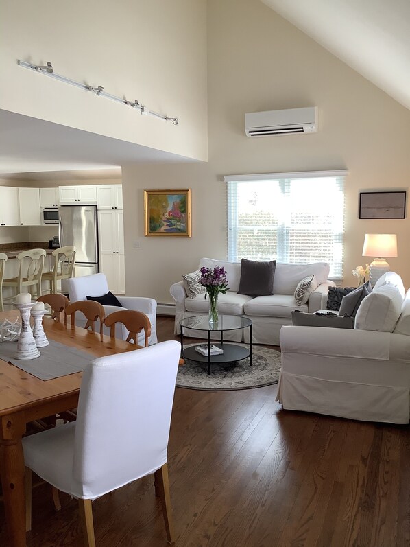 Smart TV, chimenea, libros y estéreo 