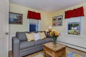 Smart TV, chimenea, libros y estéreo 