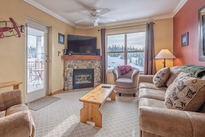 Télévision, cheminée, livres