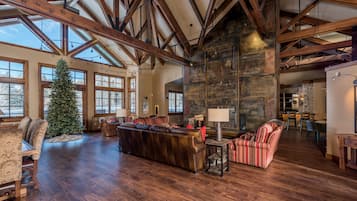 TV, fireplace, books, stereo