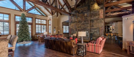 TV, fireplace, books, stereo