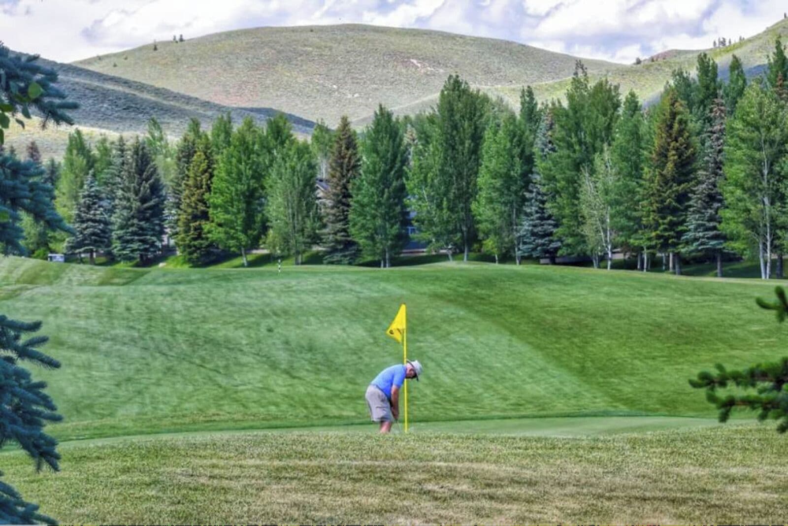 Ein Golfplatz mit Fahnenstange auf einem Grün, umgeben von Bäumen und einer Hügelkette im Hintergrund.