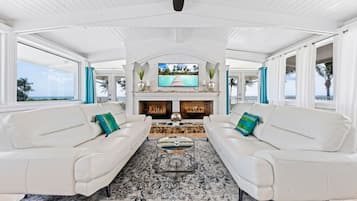 TV, fireplace, books, stereo