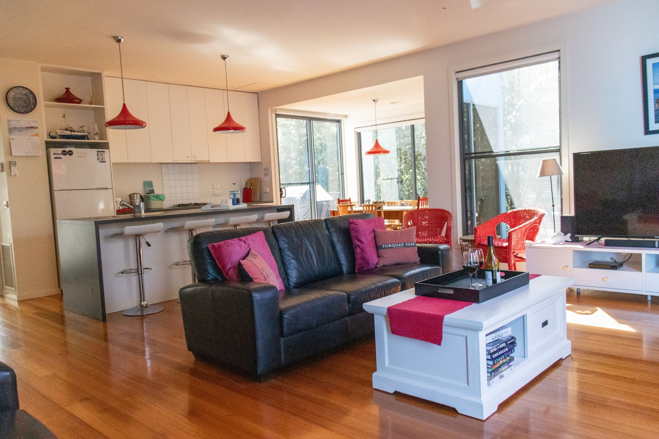 TV, DVD player, books, video library