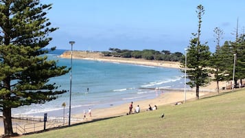 On the beach, sun-loungers