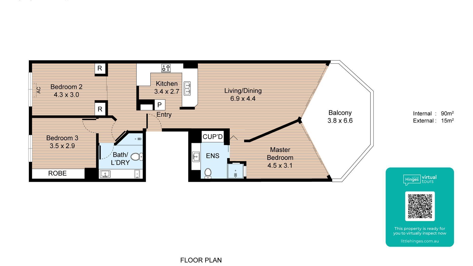 Een plattegrond van een pand met twee slaapkamers, een keuken, een hoofdslaapkamer, een woon/eetgedeelte, een balkon en een badkamer.