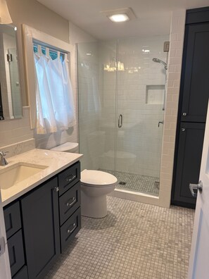 Bathtub, hair dryer, towels, soap