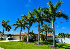 A residential area with houses, palm trees, and a clear blue sky. - Luxury, Award-Winning Pool, All-Day Sun, Dock, Tiki Hut, Wheelchair Accessible (Cape Coral)