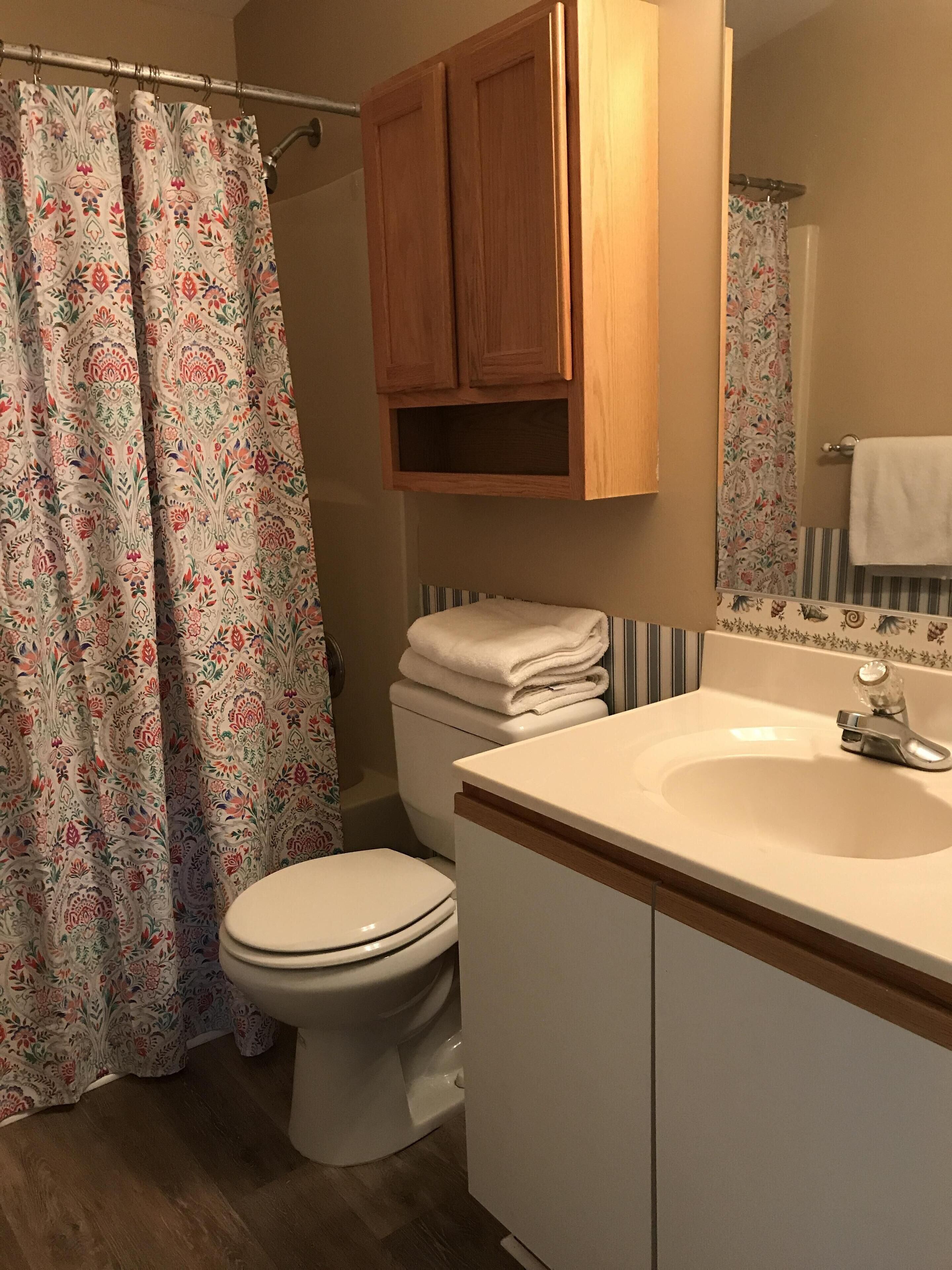 A bathroom with a toilet, a sink, and a shower curtain.