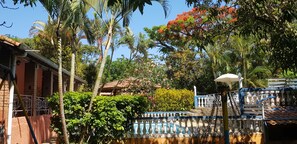 A lush garden with a pool, palm trees, and a blue railing. - Great farm close to São Paulo for your leisure safe and cozy place (Alumínio)