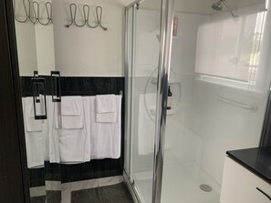 Shower, hair dryer, towels, soap