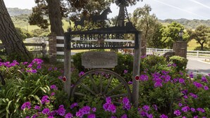 A sign with a horse and windmill, surrounded by purple flowers and greenery. - Fantastic Vacation Retreat, Family Reunions , and Private Pool! (Salinas)