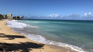 A beach with clear turquoise water, a sandy shore, and buildings in the background. - Welcome to the Lucky Penny! (Ocean Park)