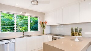 A modern kitchen with white cabinets, a stainless steel dishwasher, a built-in oven, and a large window with a view of greenery. - The VILLA with THE VIEW - Villa 4 Island Point Road. (Port Douglas)