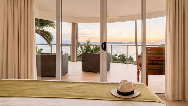 A hotel room with a large window overlooking a balcony with wicker furniture and a view of the sea. - The VILLA with THE VIEW - Villa 4 Island Point Road. (Port Douglas)