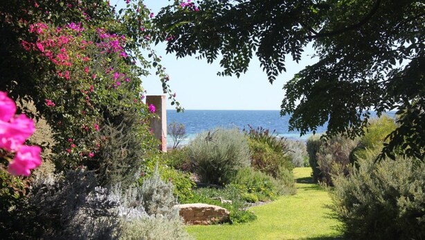 A garden pathway leading to a building with a view of the sea. - Family Getaway in Moonta Bay (Moonta Bay)