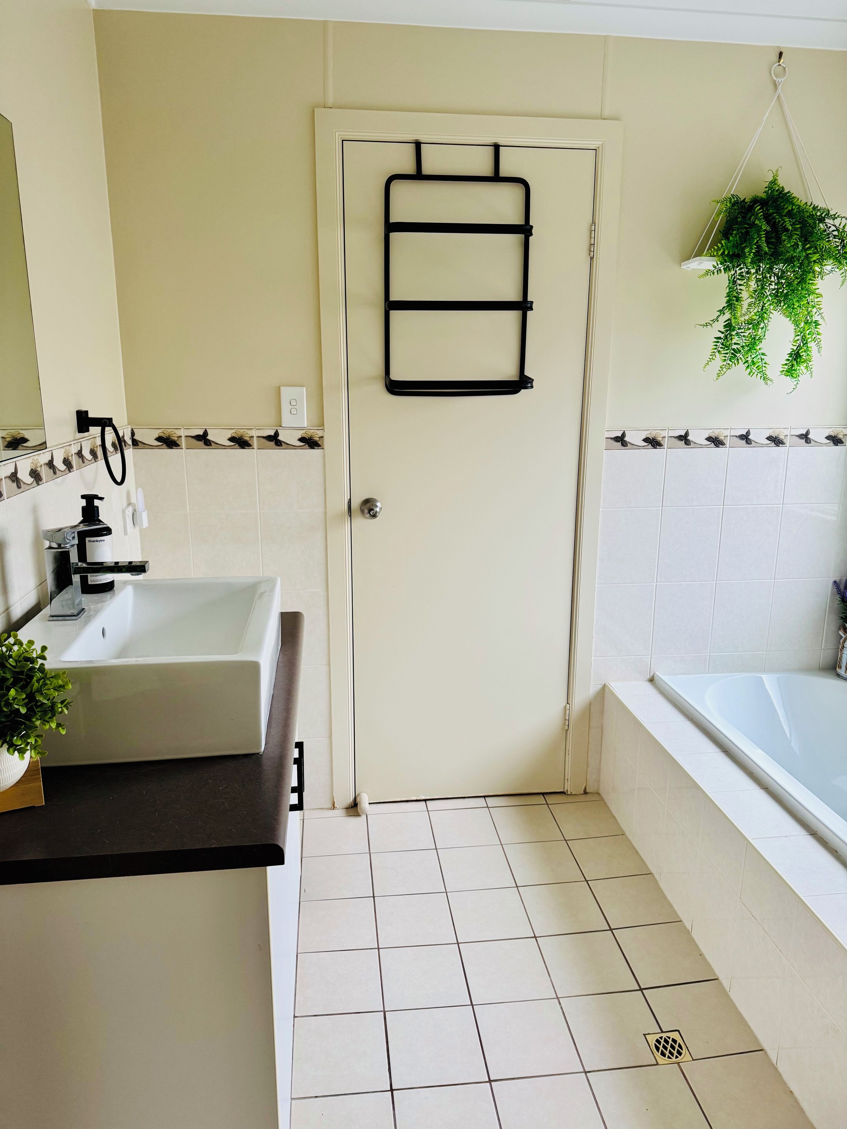 Un baño con un lavamanos blanco, un espejo, una puerta con toallero negro y una planta colgante.