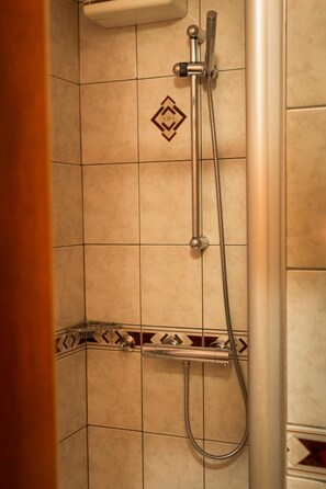 A shower area with a handheld showerhead and a vertical showerhead.