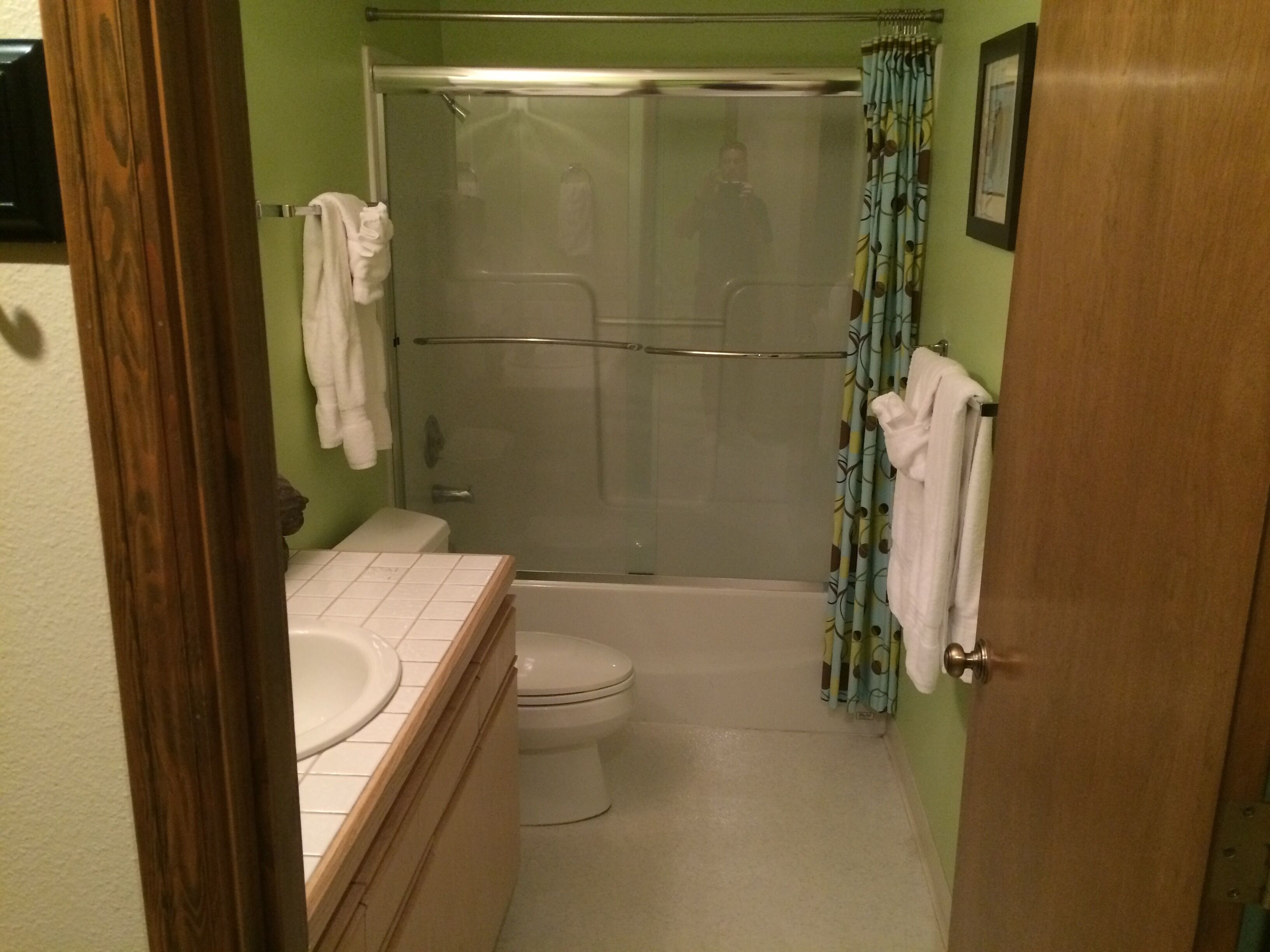 Une salle de bain avec douche, toilettes et lavabo.